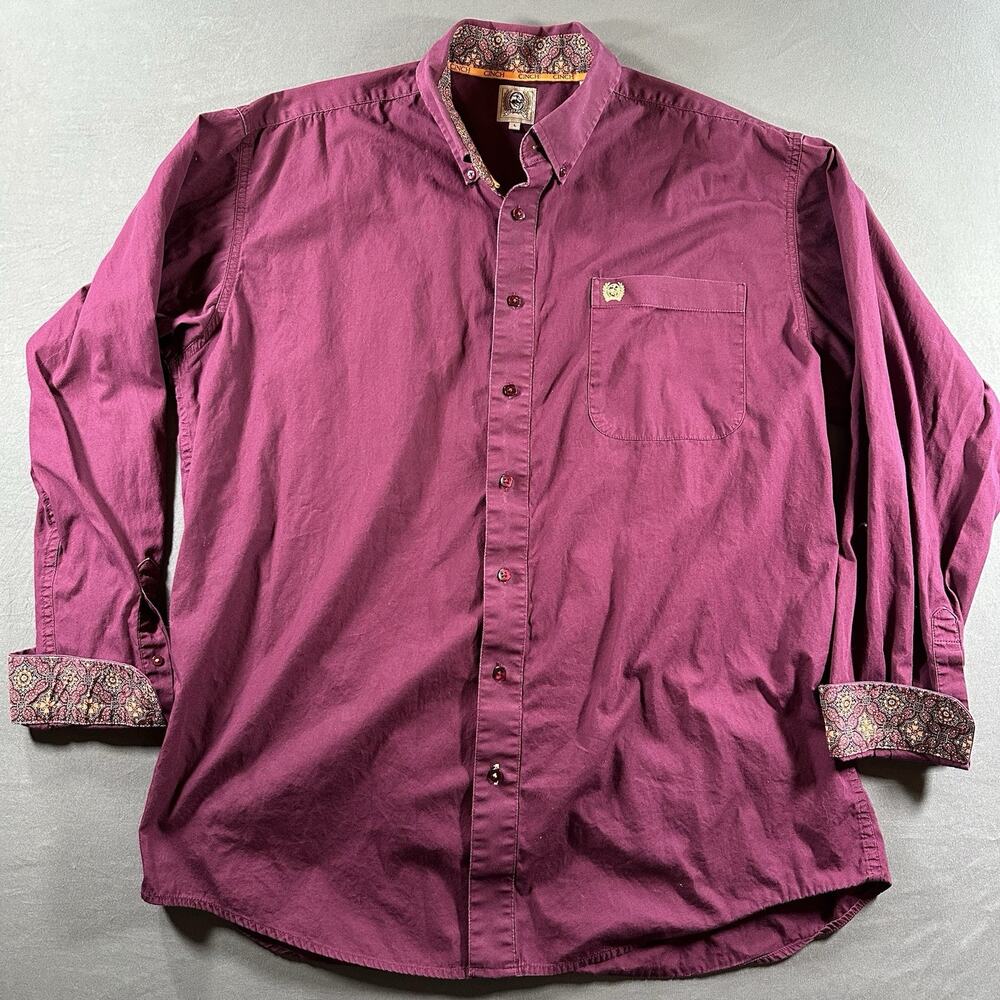 CINCH Solid Burgundy Woven Cotton Button-Down Pocket Shirt Men's L Long Sleeve